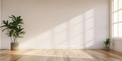 Fototapeta premium Minimalist wall background with shadow patterns on wooden floor, wall background concept