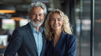 Happy confident professional mature business man and business woman corporate leaders managers standing in office, two diverse colleagues executives team posing together, portrait 