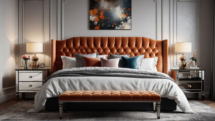 A glamorous bedroom with mirrored furniture and rich textures, creating a space of opulent comfort, Generative AI