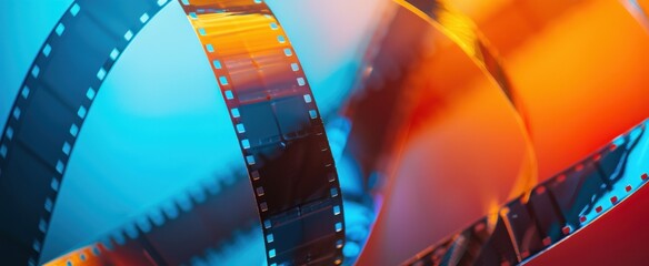 Close up of film strip with blue and orange gradient background Generative AI