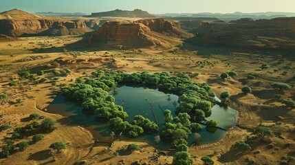Oasis of greenery amidst barren desert landscape striking contrast