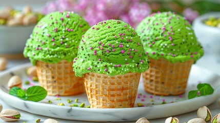  Three green-frosted ice cream cones with sprinkles on a plate against a floral backdrop