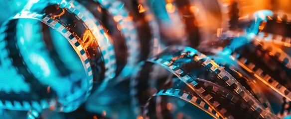 A closeup of film strips, symbolizing the journey through time and memories in cinema Generative AI