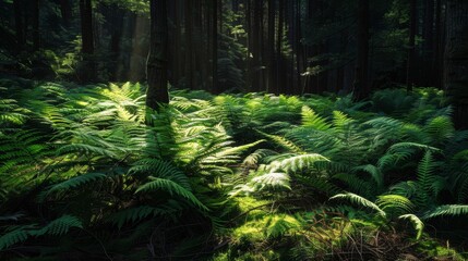Dense ferns cast intricate shadows creating light-dark interplay