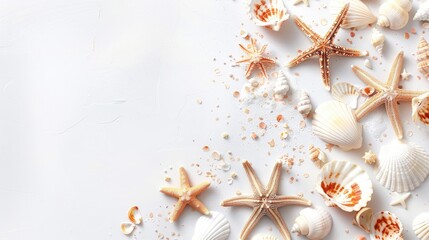 a white background adorned with seashells and starfish, evoking a summer concept through coastal elements.
