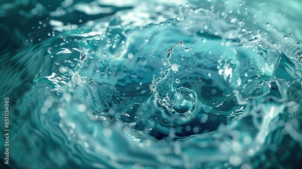 Poster   A blue sky with clouds in the background and a close-up water droplet in a pool of water