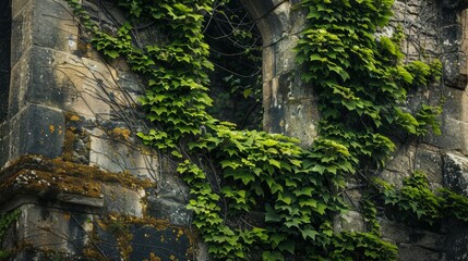 Climbing ivy forms green tapestry on weathered ruins