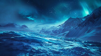 Blue glaciers and aurora borealis create otherworldly landscape