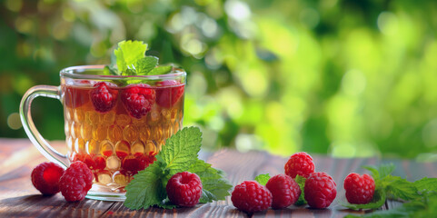 Refreshing tea with raspberry and mint on wooden table. Ideal for food, beverage, and health themes.