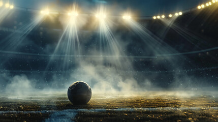 Soccer ball sits on a foggy field at night, illuminated by stadium lights