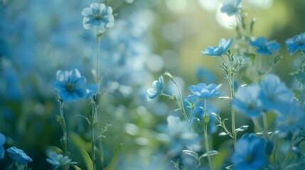 Swaying blue blooms in soft-focus flower garden
