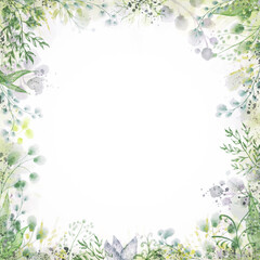 Frame with leaves and other botanical elements painted with watercolors