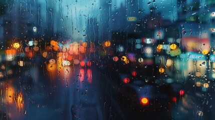Obraz premium Moody raindrops with city reflections surreal
