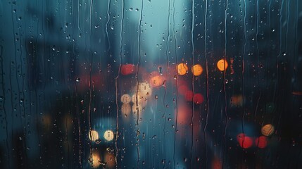 Obraz premium City light reflections on raindrop-covered window