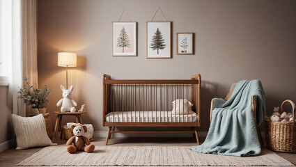 A tranquil nursery with soft knitted blankets and wooden toys, creating a peaceful rustic haven for babies, Generative AI
