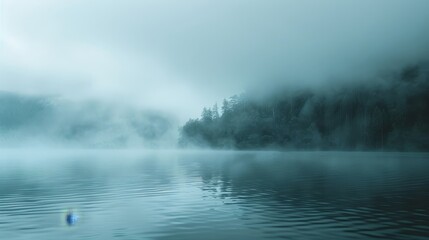 Ethereal fog on serene lake blue-gray tones