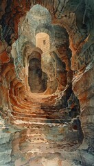 Ethereal cave-like structure with intricate rock formations and a mysterious path leading upwards, showcasing natural geological beauty.