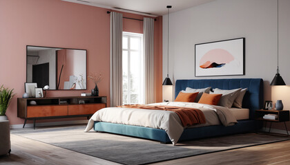 A sophisticated bedroom with lively colors, minimalistic furnishings, and an empty wall, perfect for a serene and uncluttered space, Generative AI