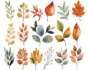 Obraz premium Hand Drawn Fall Leaves. Watercolor Botanical Clipart for Invitations and Prints