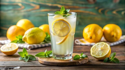 Fototapeta premium Summer refreshing lemonade drink or alcoholic cocktail with ice and lemon slices. Fresh healthy cold lemon beverage. Water with lemon.