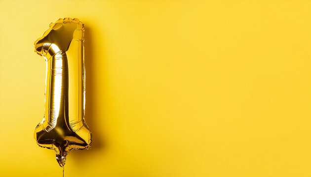 Banner with number 1 golden balloon. One year. Anniversary celebration. Bright yellow background