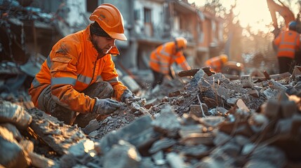 Emergency Workers Clearing Rubble After Disaster, Demonstrating Teamwork and Dedication