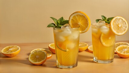 Fototapeta premium Summer refreshing lemonade drink or alcoholic cocktail with ice and lemon slices. Fresh healthy cold lemon beverage. Water with lemon.