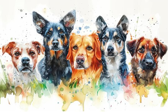 Vibrant watercolor painting of five different dog breeds, each with unique expressions and colorful backgrounds.