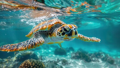 Fototapeta premium Vibrant sea turtle swimming underwater in a clear, tropical reef. Beautifully captured marine life with vivid colors and serene atmosphere.