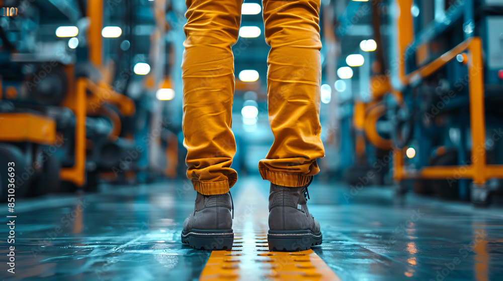 Poster factory worker standing on a yellow line in an industrial setting