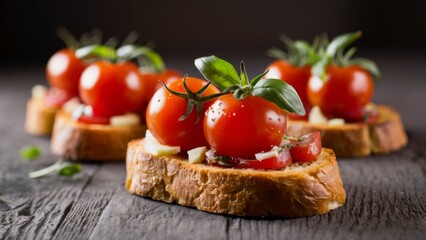 A close up of a group of tomatoes on bread with basil, AI