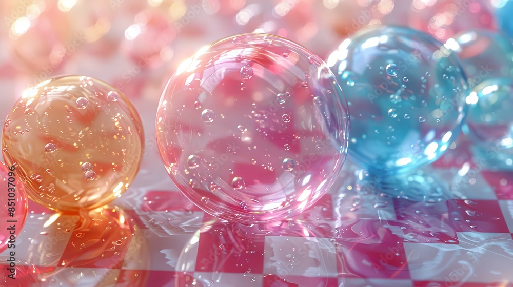 Poster beautiful transparent soap bubbles hovering over checkered surface