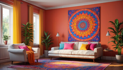 Cheerful Oasis in a kaleidoscope of colors, set against a backdrop of serene simplicity, evoking happiness and contentment, Generative AI