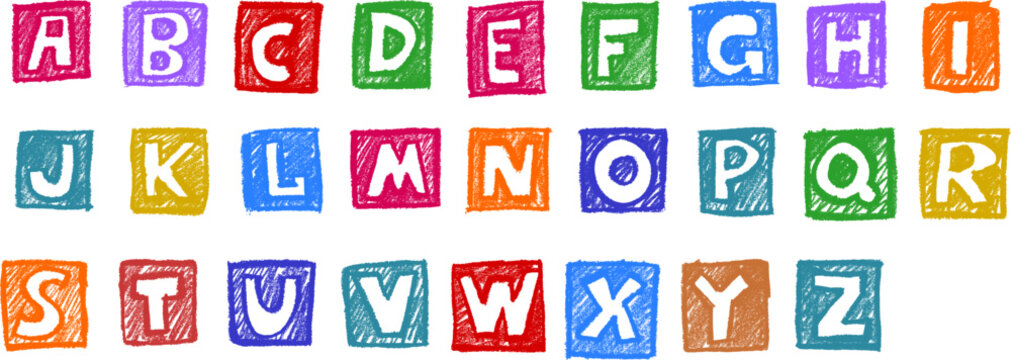 Colorful Crayon Drawing Alphabet Square Block