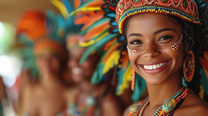 Fototapeta premium Smiling Women In Colorful Costumes At Rio Carnival Celebrating With Joy And Enthusiasm