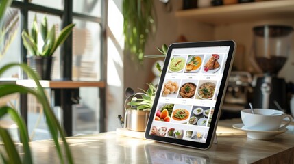 A tablet displaying a restaurant menu with different food items is shown on a wooden table. The table is near a window with plants in the background.