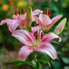 Fototapeta premium Asiatic beautiful garden pink lily on natural green background