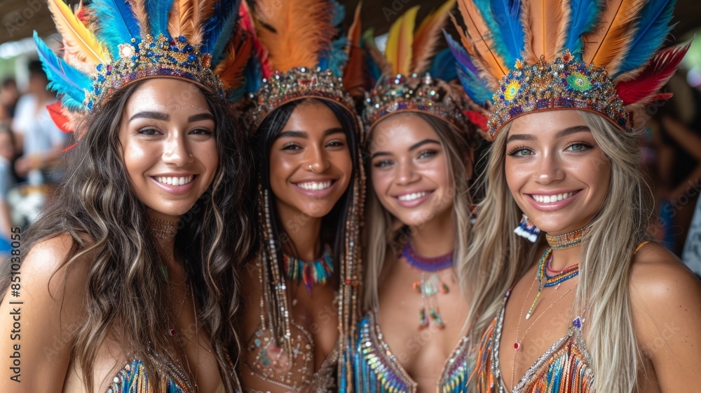 Wall mural Group of Smiling Girls in Colorful Feathered Headdresses at Festive Celebration