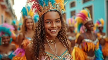 Fototapeta premium Colorful Carnival Parade with Smiling Woman in Festive Costume