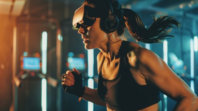 A woman wearing a virtual reality headset runs on a treadmill in a modern gym with neon lights. - Powered by Adobe