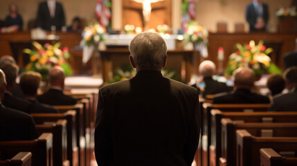 Obraz premium Elderly man standing in a church filled with mourners during a funeral service, reflecting on life and loss.