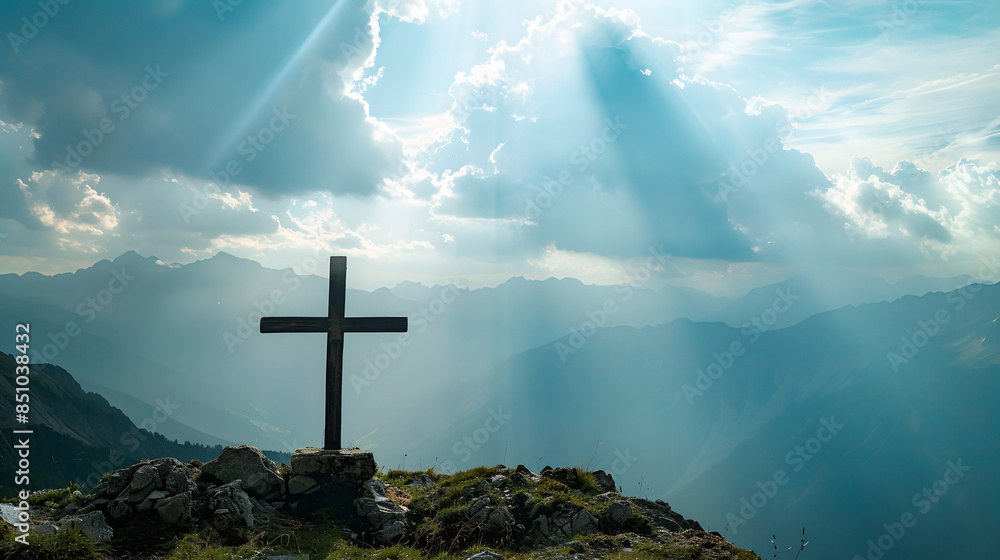 Wall mural cross of christ on the top of the mountains - concept of god helping and giving hope - Wall murals