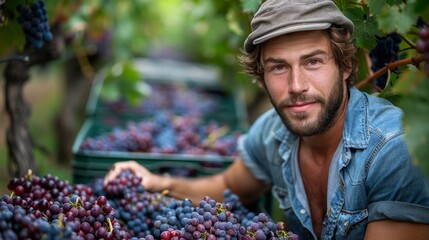 Fototapeta premium Handsome Young Man Working As Winemaker In His Vineyard During Harvest Season