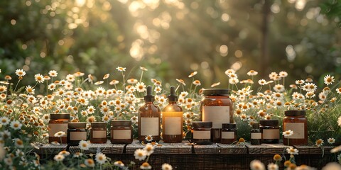 Bottles and jars of natural remedies displayed on a wooden table amidst a field of chamomile flowers in the golden light of sunset.
