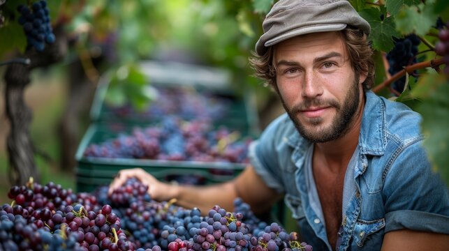 Handsome Young Man Working As Winemaker In His Vineyard During Harvest Season - Powered by Adobe