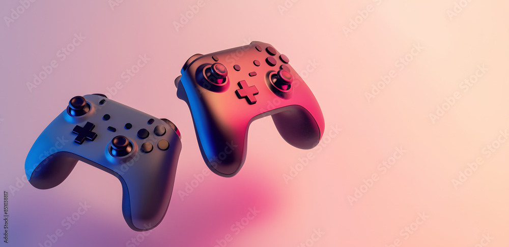Poster 2 game controllers floating on pink background - future of gaming concept