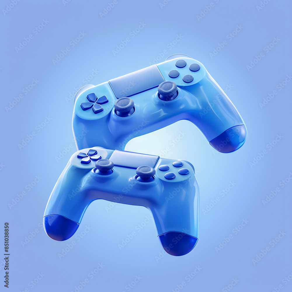 Poster 2 game controllers floating on blue background - future of gaming concept