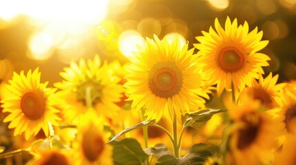 Obraz premium a sunflower field at sunset, where the warm glow of the setting sun casts long shadows over vibrant yellow petals, against a backdrop of rolling hills covered in lush green grass and distant trees.