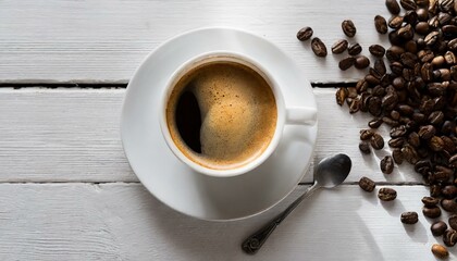 cup of coffee beans, photo of a cup of coffee on a white wooden table
