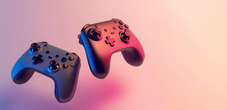 2 game controllers floating on pink background - future of gaming concept	